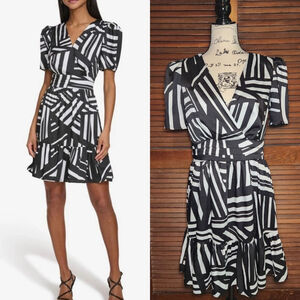 Karl Lagerfeld Black White Surplice Mini Dress Womens Size 6 A Line Abstract